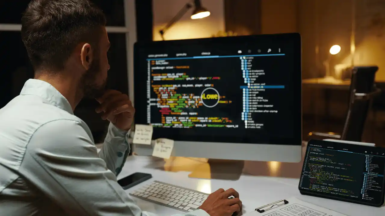 Desarrollador trabajando frente a un monitor con código durante el proceso de producción digital.